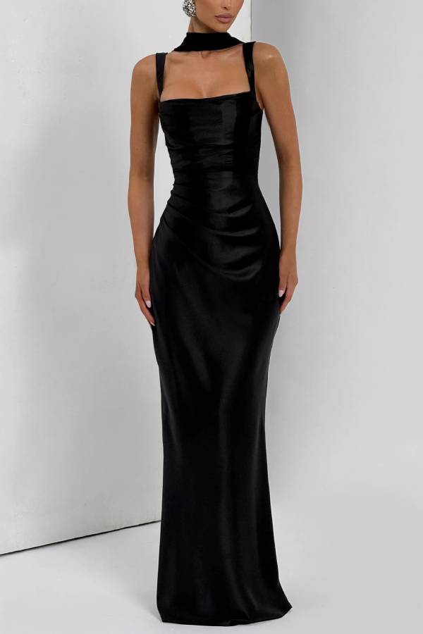 Square Neck Wide Strap Satin Ruched Mermaid Long Evening Dress