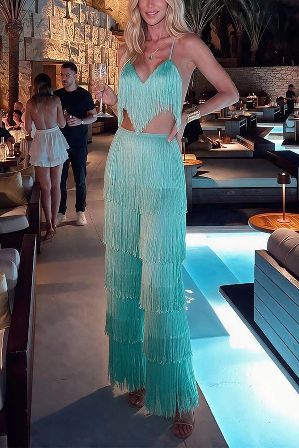 Frazia Tiered Tassel Crop Tie-up Tank and High Rise Wide Leg Pants Set