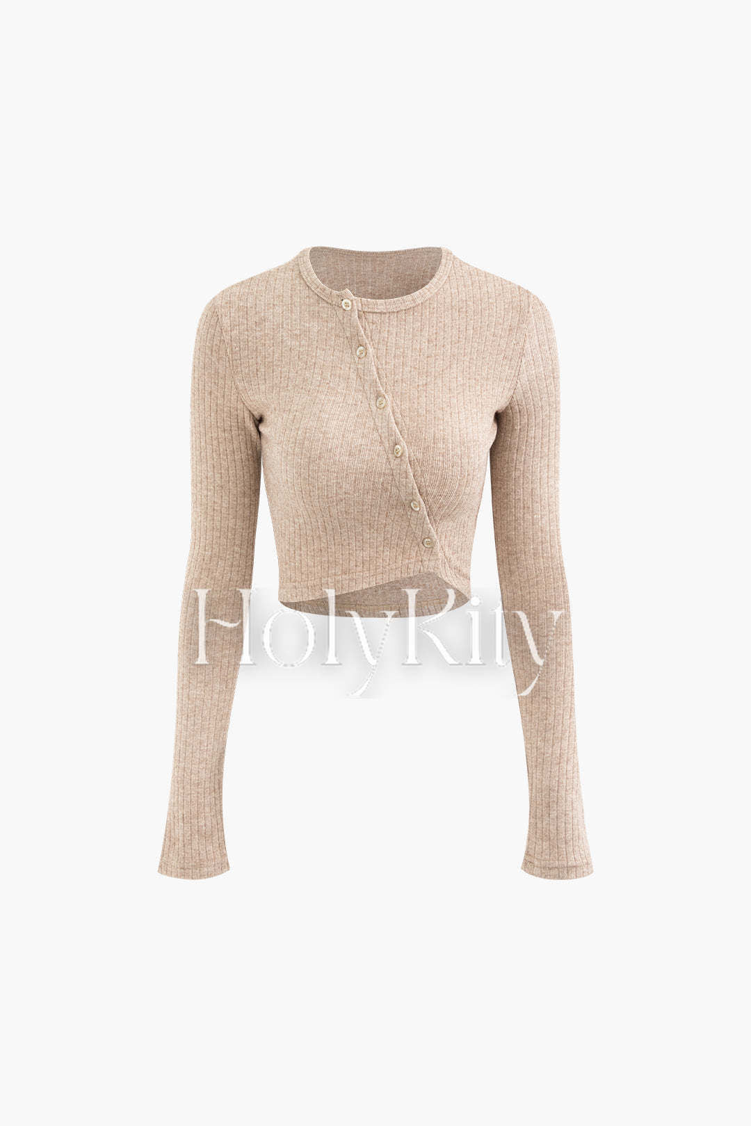 Haut court asymétrique à boutons et col rond en tricot côtelé 