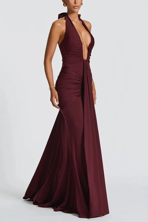 Solid Color Elegant Halterneck V-neck Open Back Tie Gathered Maxi Dress