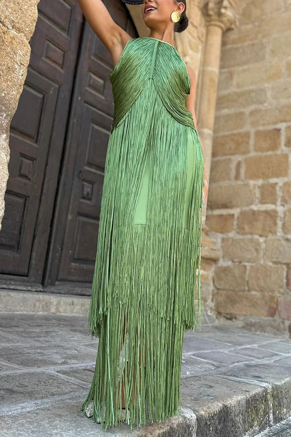 Fashion Sleeveless Halter Neck Elegant Tassel Slim Maxi Dress