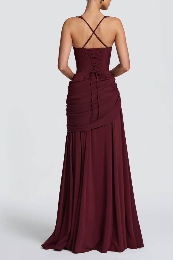 Stylish Spaghetti Strap Square Neck Slim-fit Elegant Pleated Maxi Dress