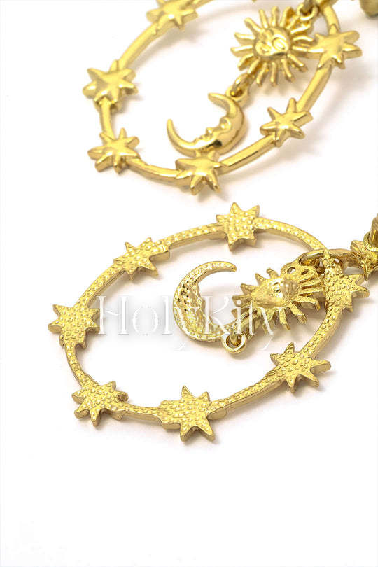 Boucles d'oreilles pendantes Soleil, Étoile et Lune