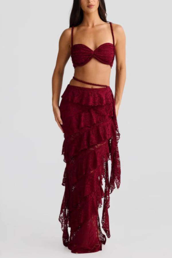 Twist Bandeau Top & Asymmetric Ruffle Lace Maxi Skirt Two-Piece Set