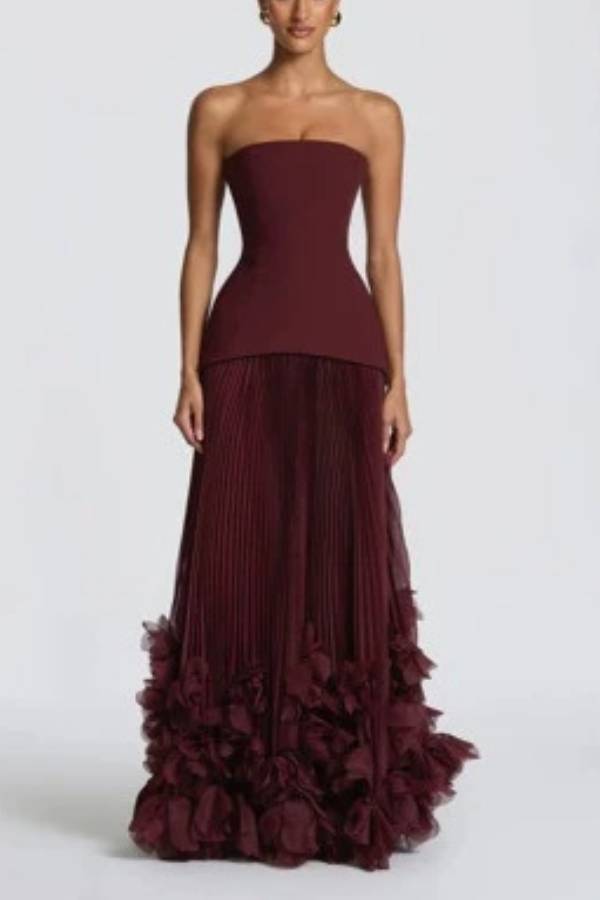 Strapless Corset Pleated Gown with Floral Hem