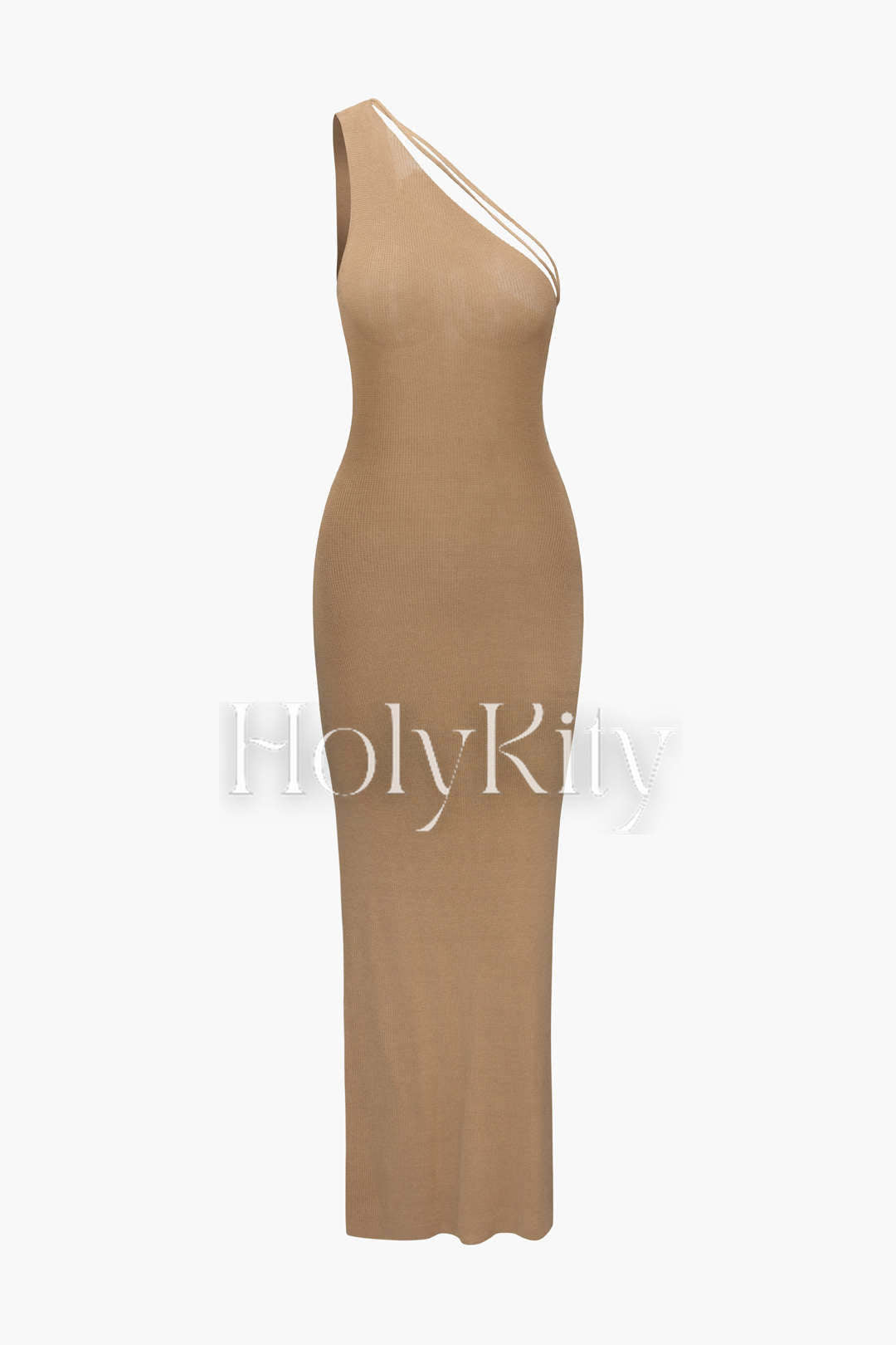 Maxikleid aus Strick mit One-Shoulder-Ausschnitt und seitlichem Schlitz 
