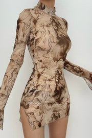 Sheer mesh see through print high neck slit long sleeve mini dress
