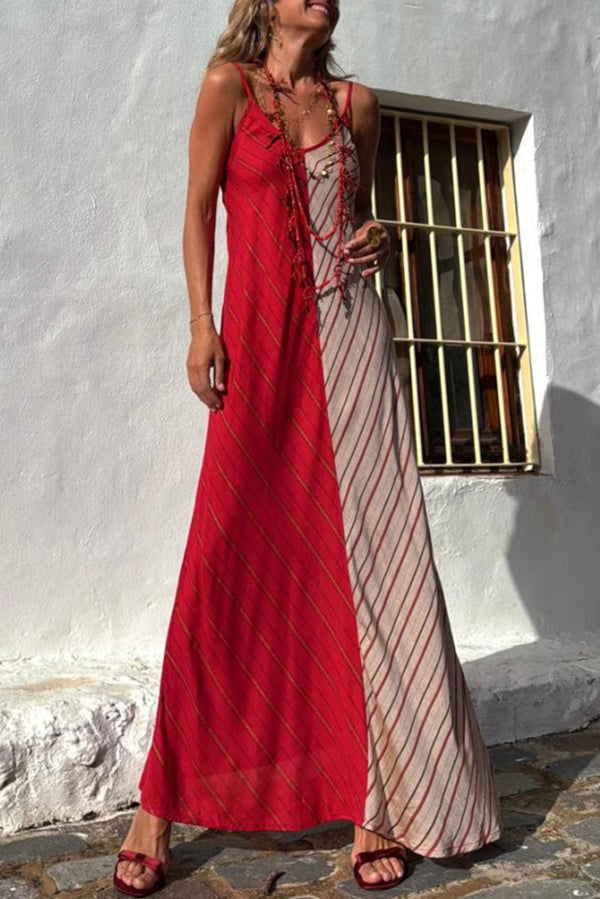 Fashionable Splicing V-neck Suspenders Loose Maxi Dress