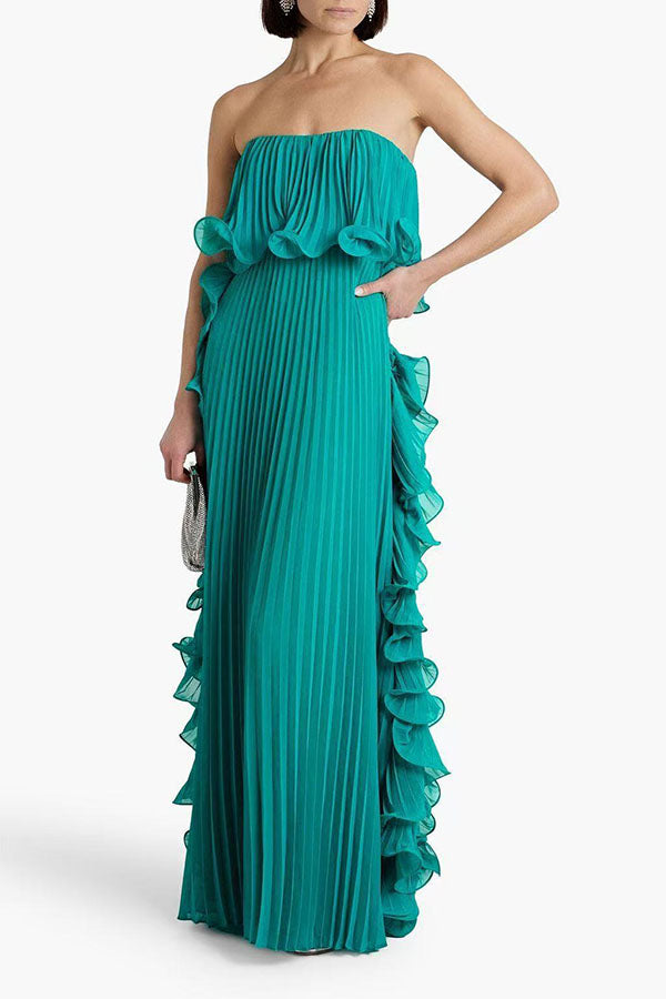 Reina Chiffon Pleated Wavy Ruffles Trim Strapless Loose Maxi Dress