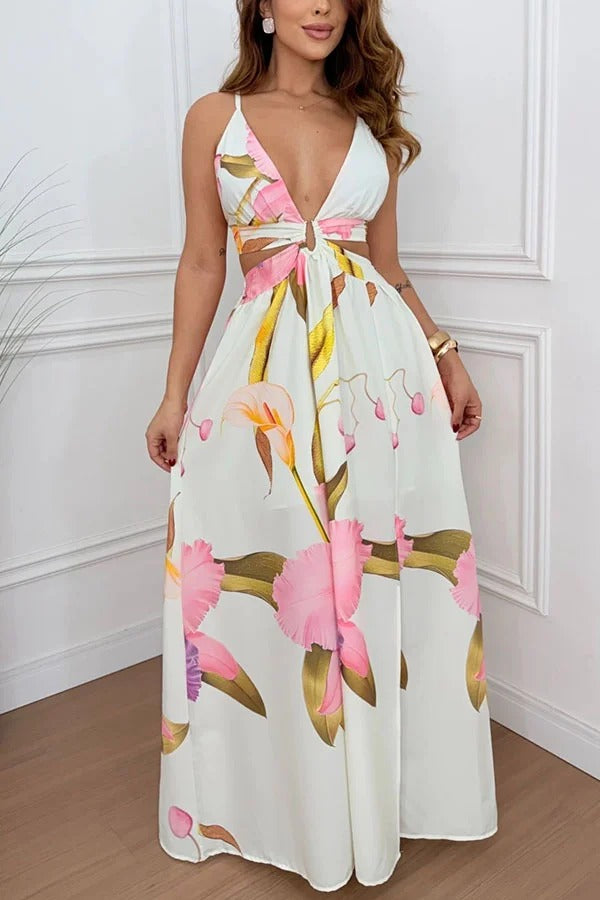 Seinah Floral Print Cutout Waist Open Back Lace-up Slit Maxi Dress