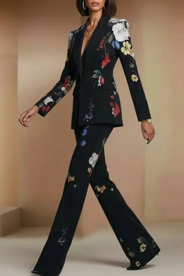 Black Floral Print Shawl Lapel Blazer & High‑Waist Flare‑Leg Pant Suit Set