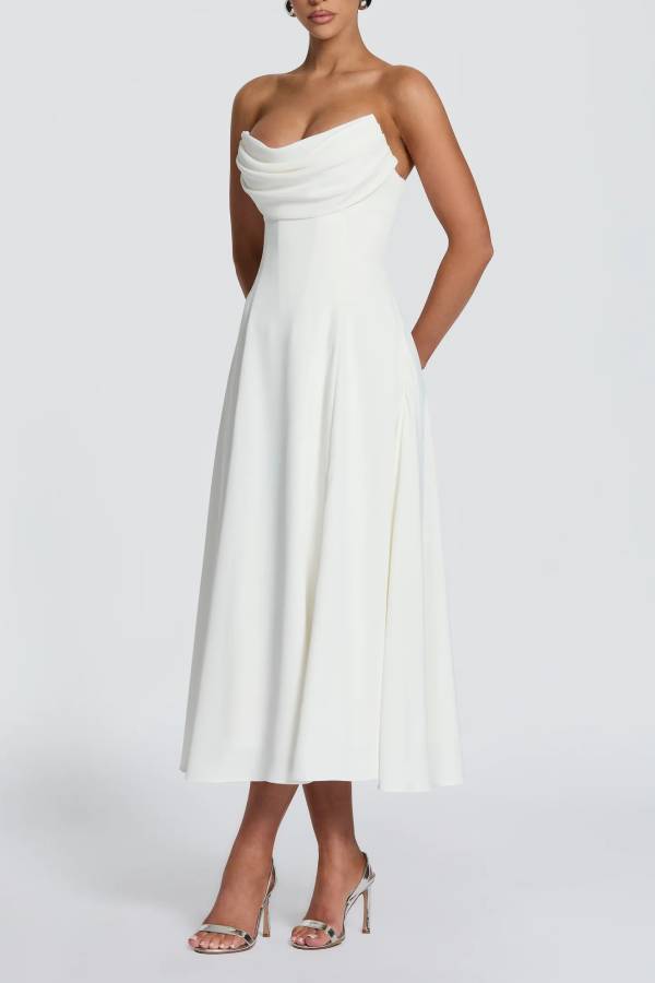 Marlowe Pleated Cowl Neck Strapless Back Lace-up Midi Dress