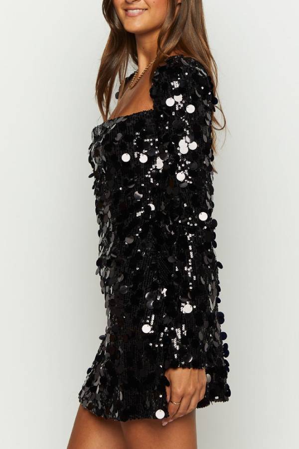 Bring The Disco Large Sequins Square Neck Long Bell Sleeve Backless Slit Mini Dress