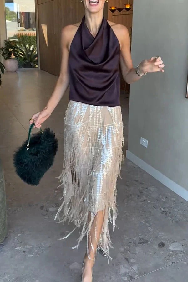 Champagne Party Layered Sequined Tassels Mid Rise Elastic Waist Midi Skirt