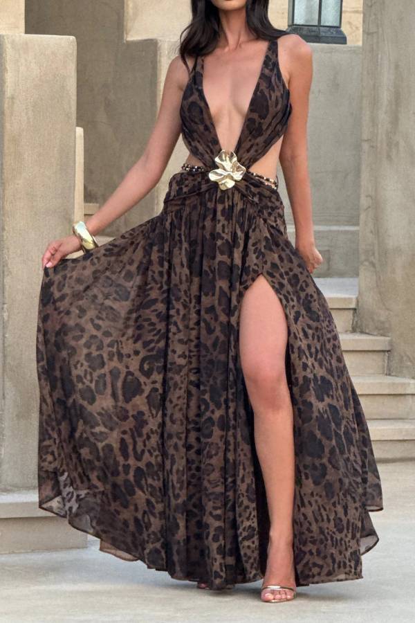 Deep V Cutout High Slit Chiffon Maxi Gown