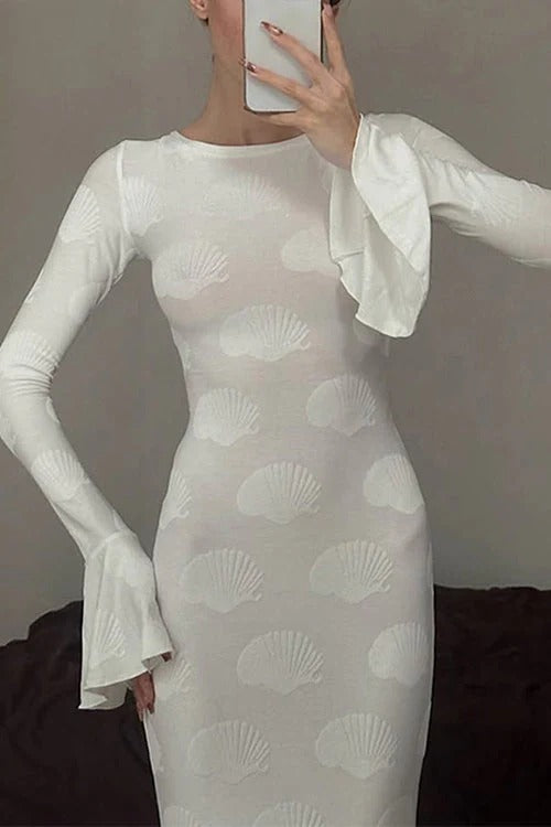 Bell Long Sleeves Backless Lace-up Shell Print Maxi Dress