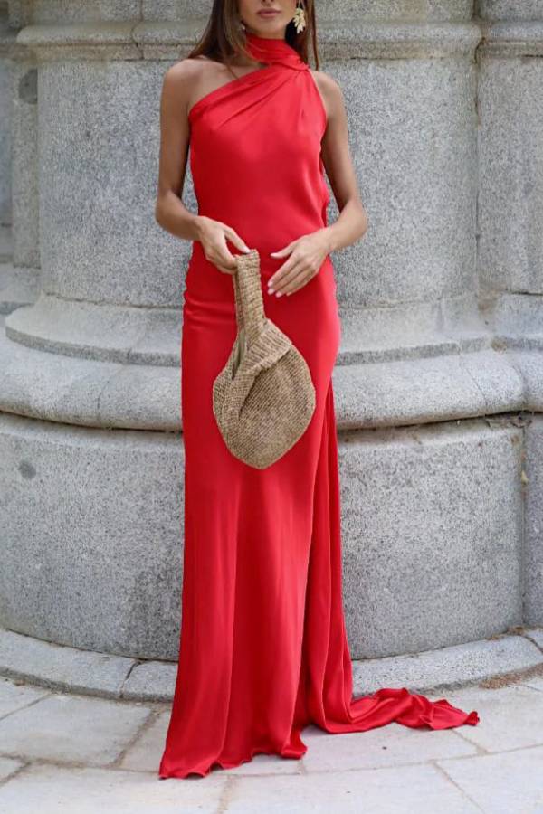 One-Shoulder Halter Satin Slim Fishtail Evening Dress With Streamer
