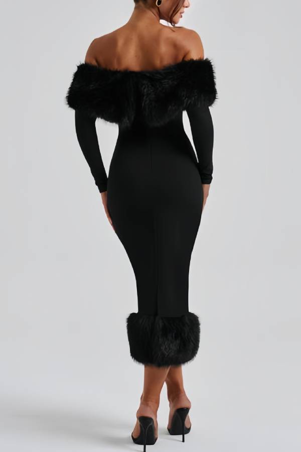 Off Shoulder Faux Fur Trim Long Sleeve Midi Bodycon Dress