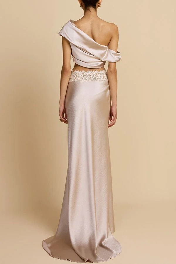 Anaya Satin Asymmetrical Off Shoulder Cropped Top and Lace Trim High Rise Maxi Skirt Set