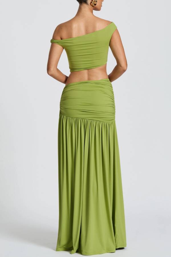 Off-shoulder Metallic Flower Ruched High-Slit Maxi Two-Piece Set