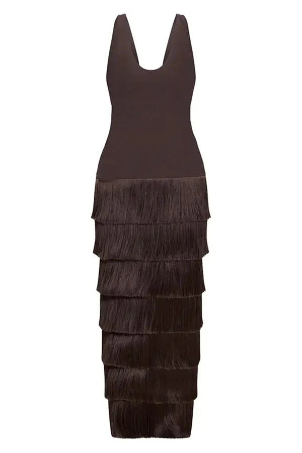 Western Chic Layered Tassels Hem Sleeveless Tank Maxi Dress