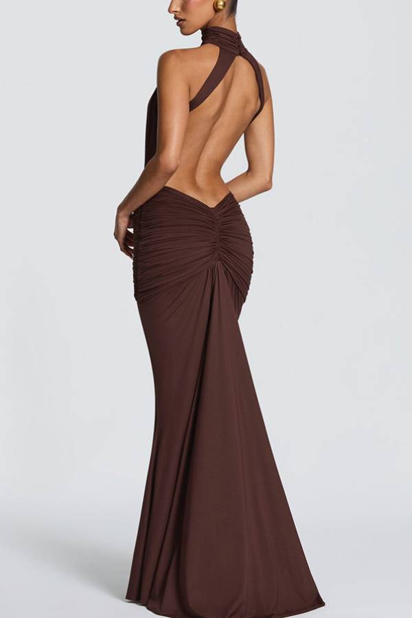 High Neck Halter Cutout Ruched Mermaid Evening Gown