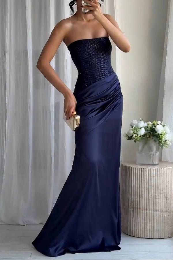 Elegant Strapless Rhinestone Pleated Party Dress