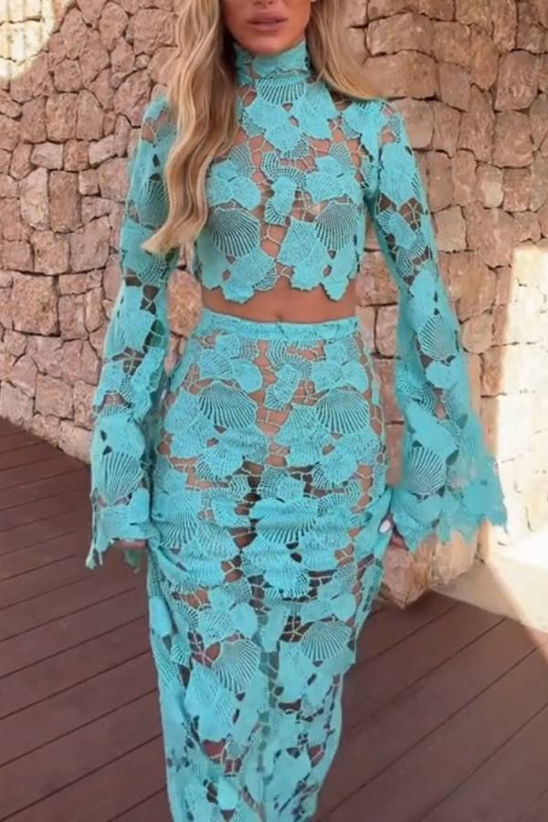 Turquoise Shell Lace Two Piece Beach Set
