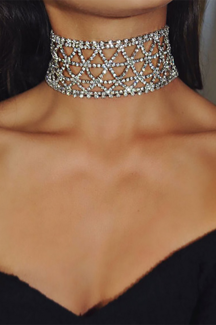 Collier ras du cou géométrique ajouré en strass scintillants - Argent 