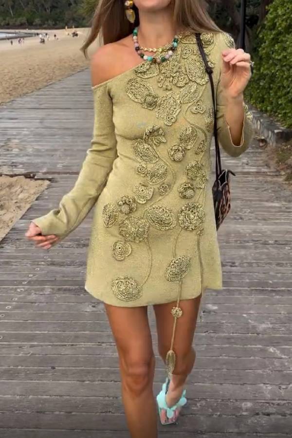 Olive Green 3D Floral Applique One Shoulder Long Sleeve Mini Dress