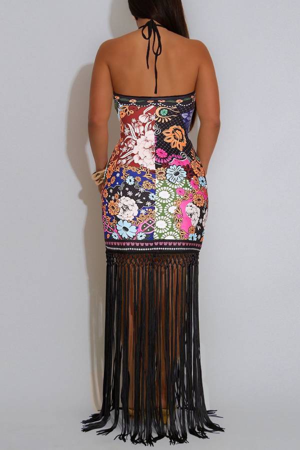 Print Halter Fringe Bodycon Maxi Dress