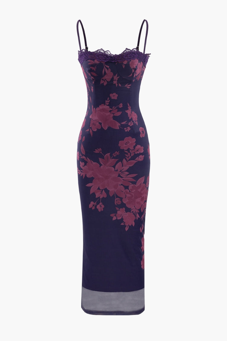 Maxikleid mit Blumendruck und Spitzenbesatz und Schlitz 