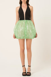 Sleeveless Halter Sequin Puff Hem Tie Up Backless Mini Dresses