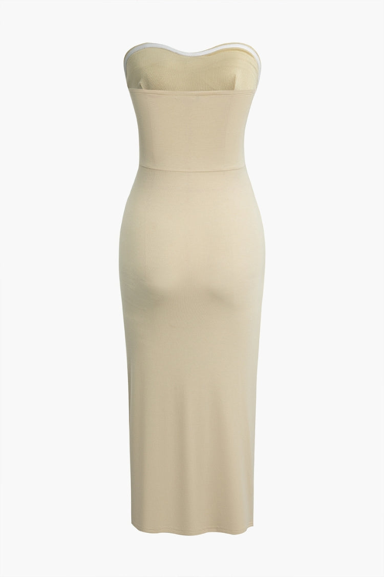 Einfarbiges, gerüschtes, trägerloses Midikleid 