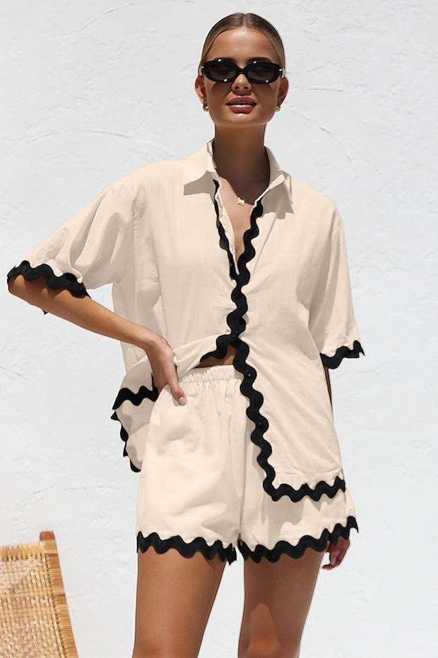 Colorblock Ripple Trim Short Sleeve Blouse Casual Shorts Matching Set