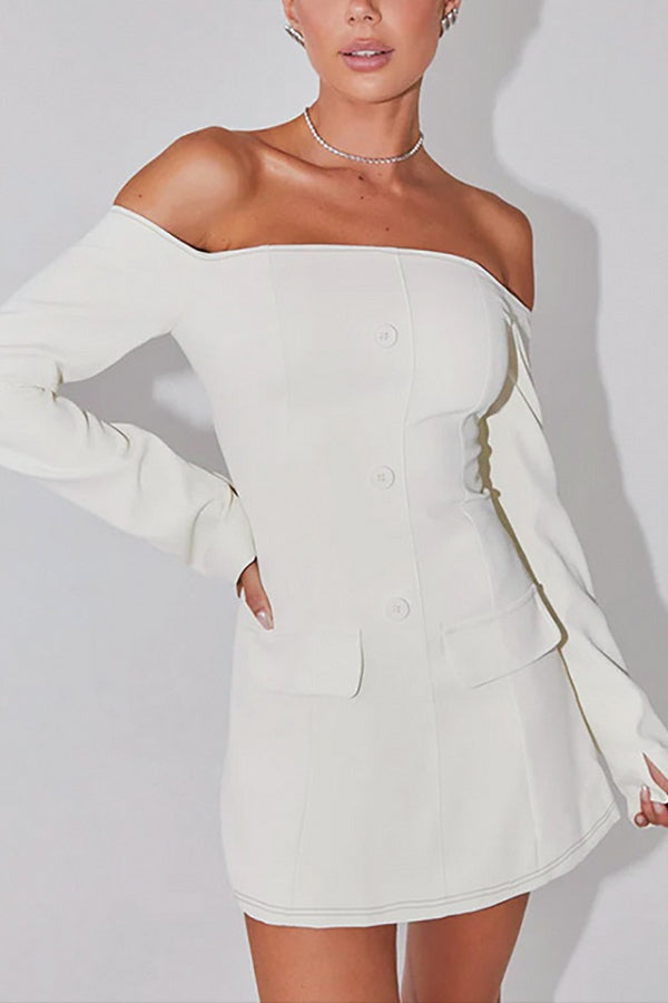 Off Shoulder Long Sleeve Button Up Decorative Flap Pockets Mini Dresses-Brown