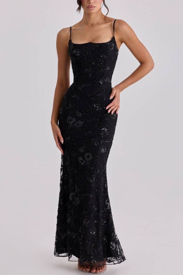 Heavy Beaded Embroidered Spaghetti Strap Mermaid Evening Gown