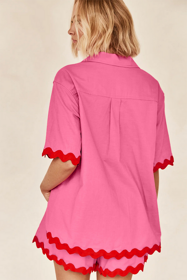 Colorblock Ripple Trim Short Sleeve Blouse Casual Shorts Matching Set