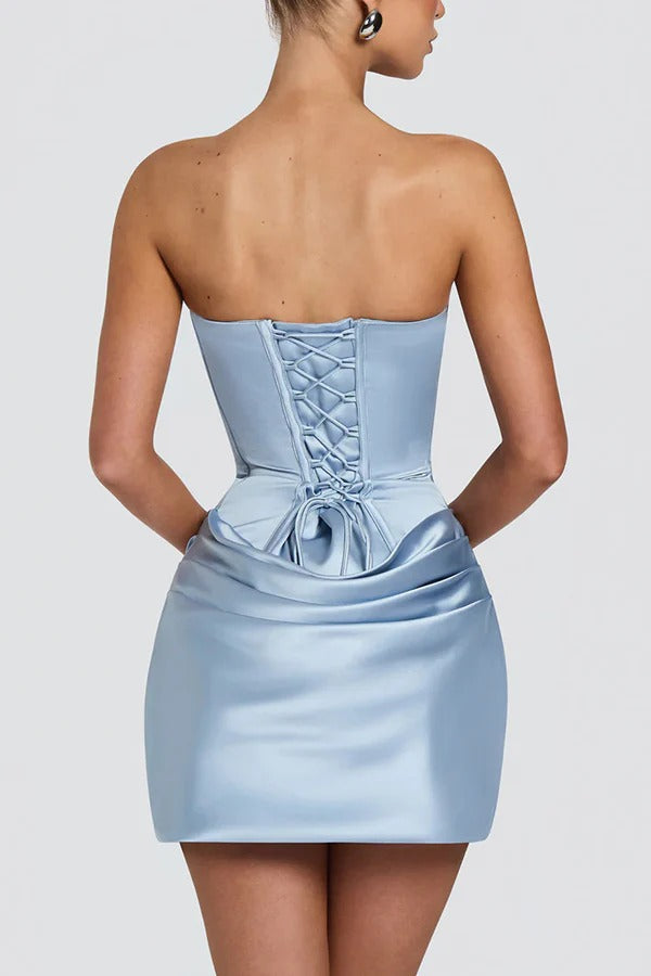Hayden Satin Detachable Asymmetric Off Shoulder Drape Panel Back Lace-up Mini Dress