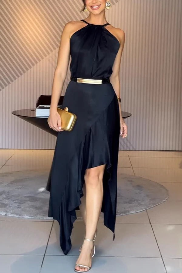 Terez Satin Metallic Belt Halter Neck Irregular Hem Slit Maxi Dress