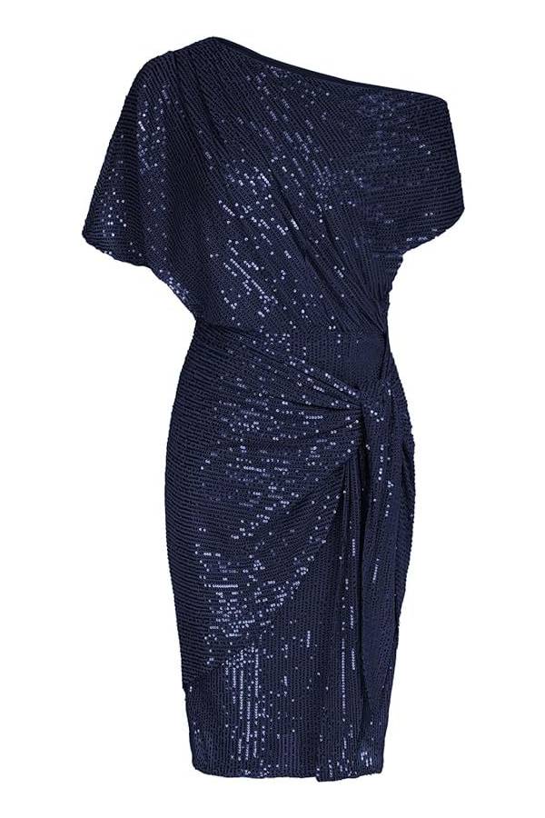 One-shoulder sequined twisted fitted party dress