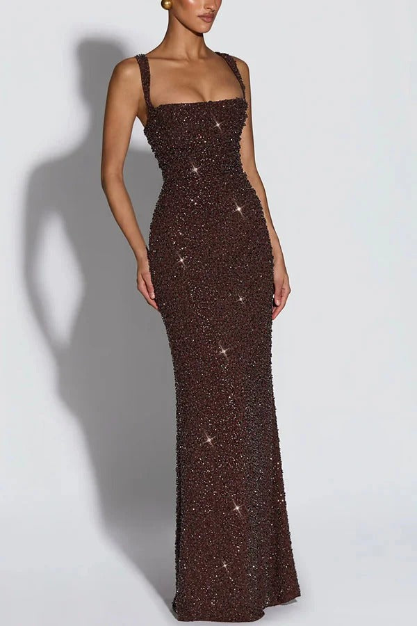 Calanthe Sequin Embellished Chiffon Ruched Square Neck Back Lace-up Maxi Dress