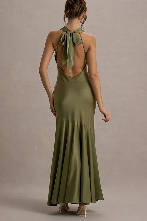 Timeless Sophistication Satin Cowl Detail Back Self-tie Halter Neck Maxi Dress