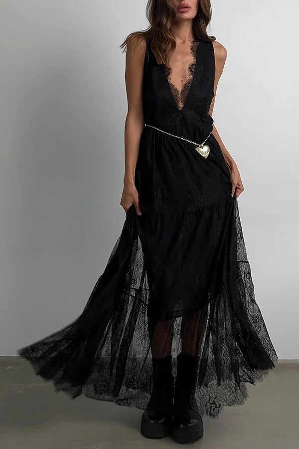 Fashionable Sheer Lace V-neck Backless Elegant Maxi Dress