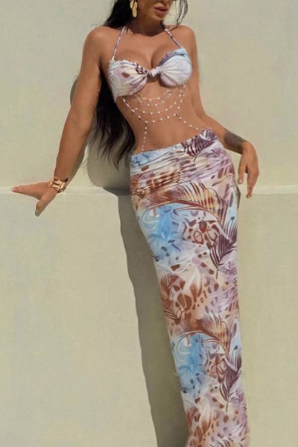 Halter Tie Bikini Ruched Maxi Skirt Vacation Two-Piece Set
