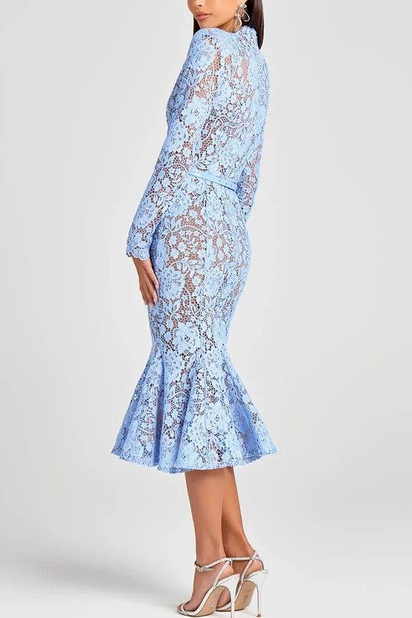 Feminine and Elegant Flower Lace Long Sleeve Bow Belted Flare Midi Dress