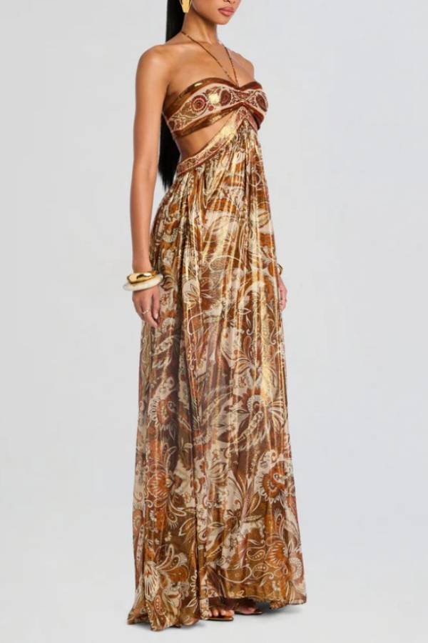 Paisley Print Halter Cutout Metallic Evening Maxi Dress