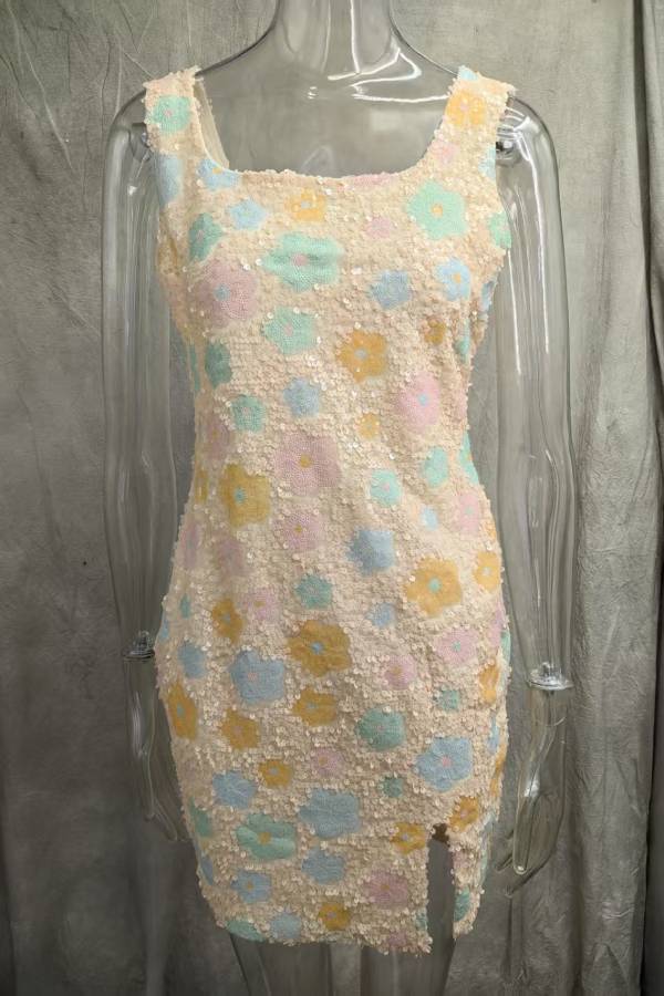 Square Neck Sleeveless Sequin Floral Print Side Slit Bodycon Mini Dress