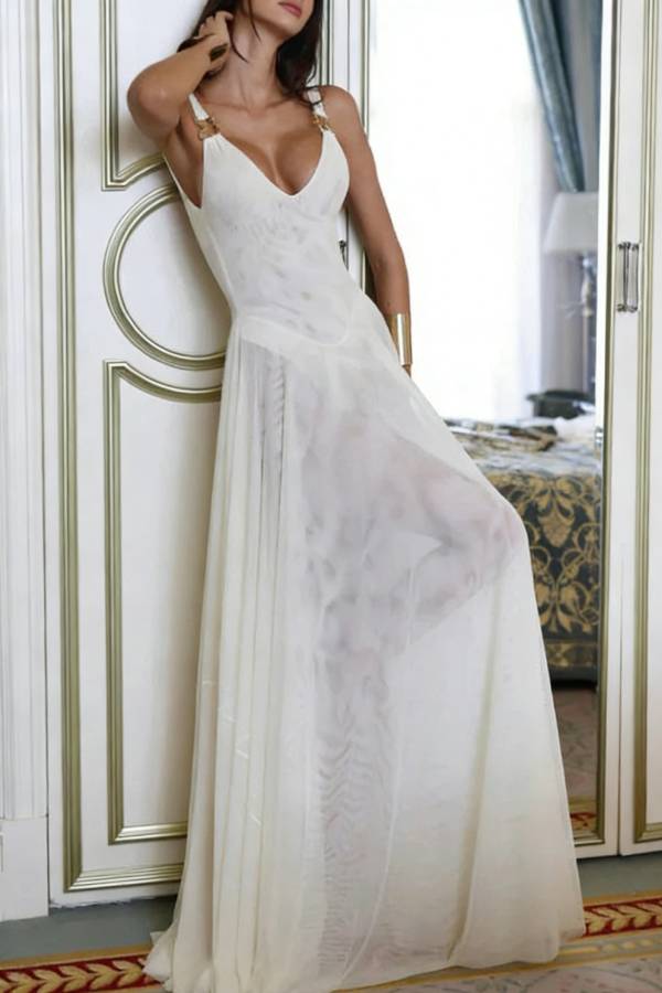 Solid Color V-neck Sleeveless Slim-fit Elegant Mesh Maxi Dress
