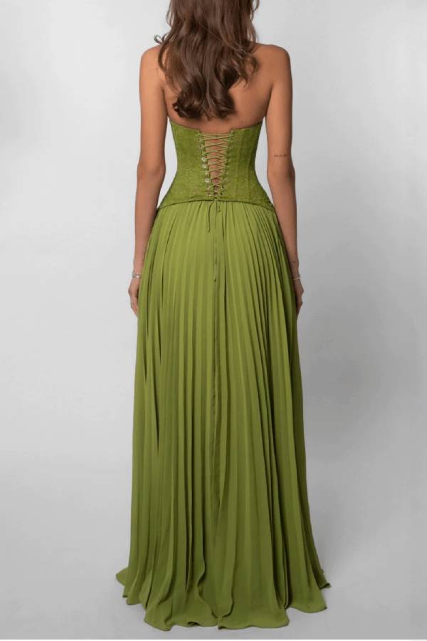 Halter Lace Corset Pleated Chiffon Maxi Evening Gown